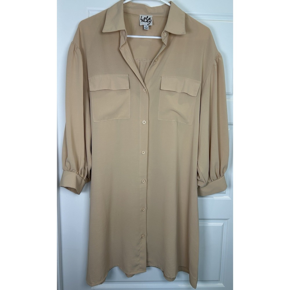 Lola May Women's Beige Solid Collared Button-Up LongSleeve Shirt Dress Size 10